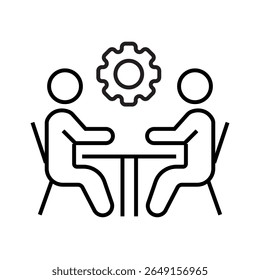 Outline icon of a group meeting around a table, symbolizing professional discussion and corporate collaboration. Editable stroke. Vector illustration.
