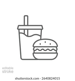Outline Icon of Hamburger and Soda Thin Line Editable Stroke Symbol for Restaurant Menu or Delivery Service