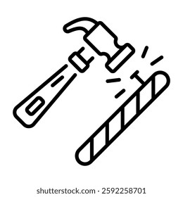 An outline icon of hammer fixing nail in a stick