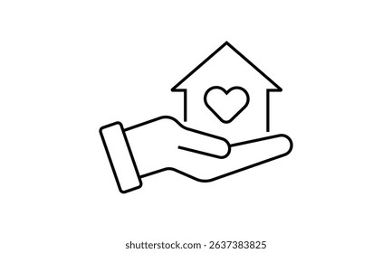 Outline Icon Hand is Holding a House With a Heart Inside. EPS 10