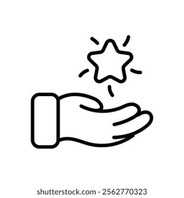 Outline icon of a hand holding a shining star, symbolizing reward, achievement, and excellent results.