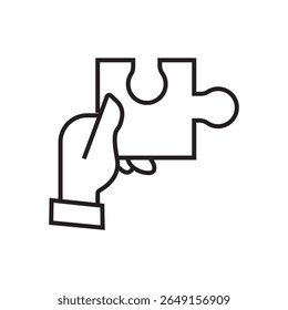 Outline icon of hand placing puzzle piece for decision making and business solution concept. Editable stroke. Vector illustration.