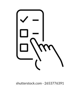 Outline icon of a hand tapping checklist on mobile screen, symbolizing task management on phone. editable stroke. vector illustration