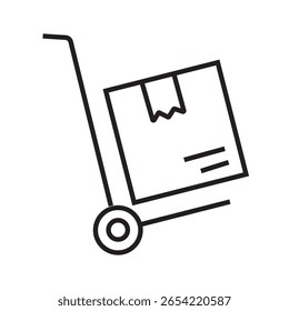 Ícone de contorno de carrinho de mão com caixa, usado para movimentação de materiais em logística ou locais de construção. Ilustração editável do vetor. traçado