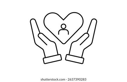 Outline Icon Hands Hugging Heart Symbol in Which Sign Person. Vector EPS 10	
