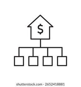 Ícone de estrutura de tópicos de uma home page vinculada a um gráfico de hierarquia, simbolizando o planejamento imobiliário, a distribuição de ativos, a herança e o legado financeiro.