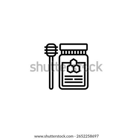 Outline icon of a honey jar with a hexagonal honeycomb label and a honey dipper stick beside it. The minimalist line art design symbolizes natural sweeteners, organic products, traditional remedies, a