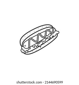 Outline icon of hot dog. Hot dog icon. bread, vegetable, onion, mayonnaise, and sausage. Food icon concept.