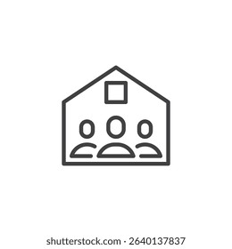 Outline icon of a house with multiple people inside, representing remote work and virtual collaboration. This line vector icon symbolizes remote teamwork. Logo and symbol icon.