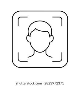 Outline icon of a human face within a square frame with corner brackets, symbolizing facial recognition, biometric scanning, and security technology for identification.
