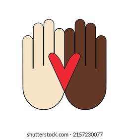 Outline icon human hand with heart. Concept of love, no racism, cooperation, solidarity. Vector illustration, flat design
