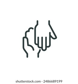 Outline icon human hand supporting the hand, hand on hand. line sign gesture charity and care, help together, caring hands. Vector isolated pictogram for web and app on white background.