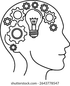 Outline icon of a human head with a gear and light bulb inside, representing innovation, ideas, and strategic thinking.

