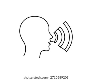 Outline icon of a human head profile speaking or making sound with sound wave symbol