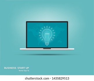 Outline icon of Idea generation concept, Laptop with lighting bulb, Business start up, Vector illustration flat design