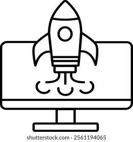 outline icon illustrating a tech startup concept. Features a rocket launching from a computer screen, symbolizing innovation and growth in technology