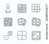 Outline icon illustration featuring classic board games such as chess, sudoku, puzzle, dice, cards, football table, and logic grids. Retro inspired colors with playful shapes perfect for apps