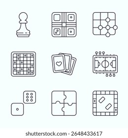 Outline icon illustration featuring classic board games such as chess, sudoku, puzzle, dice, cards, football table, and logic grids. Retro inspired colors with playful shapes perfect for apps
