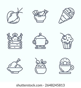Outline icon illustration of healthy food, dessert, and home-cooked meals including vegetables, soup, salad, ice cream, cupcake, chicken, and fruit bowl. Perfect for recipe apps, meal planners, nutrit