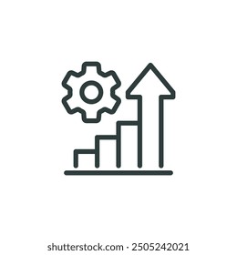 Outline icon increase productivity, manufacturing analyse, capacity process, efficient grow. Line sign graph, gear and arrow. Vector isolated pictograms for web on white background editable stroke.