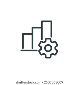 Outline icon increase productivity, manufacturing analyse, capacity process, efficient grow. Line sign graph and gear. Vector isolated pictograms for web on white background editable stroke.