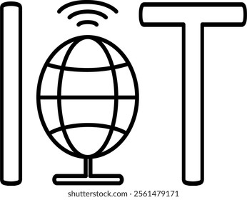 An outline icon the Internet of Things (IoT). Shows a globe connected to a wireless network with 'IoT' text, symbolizing interconnected devices and smart technology.