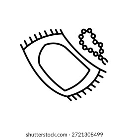 Icono de la alfombra de oración islámica con cuentas de tasbih que representan la oración musulmana y las actividades de adoración durante el Ramadán y la vida religiosa diaria