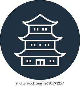Outline icon of Japanese pagoda on dark circular background