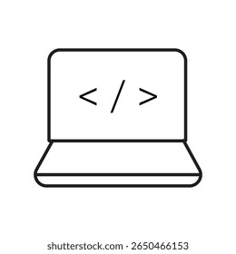 Outline icon of laptop with code. Ideal for remote work, web development, or software programming. Editable stroke, linear icon. vector illustration