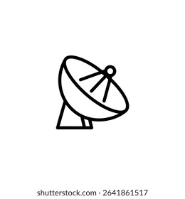 Outline icon of a large radio telescope dish, shown as a parabolic dish with a receiver element. Monochrome vector for astronomy or communication themes.