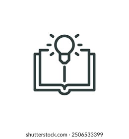 Outline icon learning, library knowledge, school education, wisdom. Line sign open book and a shining light bulb. Vector isolated pictograms for web on white background editable stroke.