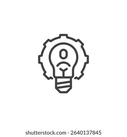 Outline icon of a lightbulb with gears inside surrounded by people, symbolizing innovation through teamwork. This line vector icon represents creative thinking. Logo icon and symbol.