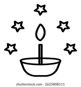 Outline icon of a lit candle in a bowl with stars.