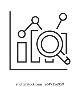 Outline icon of a magnifying glass analyzing a data chart, symbolizing data insight and business intelligence. Editable stroke. Vector illustration.