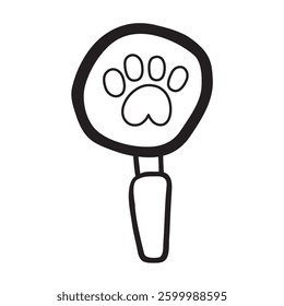 Outline icon. Magnifying glass and dog paw. Hand drawn illustration on white background.