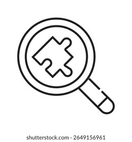 Outline icon of a magnifying glass over a gear representing search for solution and problem solving. Editable stroke. Vector illustration.