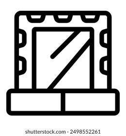 Outline icon of a makeup artist applying foundation using a beauty blender sponge in front of a mirror with light bulbs