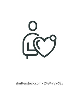 Outline icon man holding a heart symbol in his hands. Line sign donation and charity, volunteering and helping hands. Vector isolated pictogram on white background editable stroke.