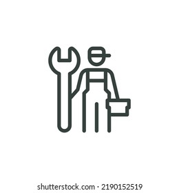 Outline Icon Man in Overalls With a Wrench and a Box of Tools. Such Line sign as Car Mechanic Services Plumber, Plumbing Work. Vector Isolated Pictograms for Web on White Background Editable Stroke.