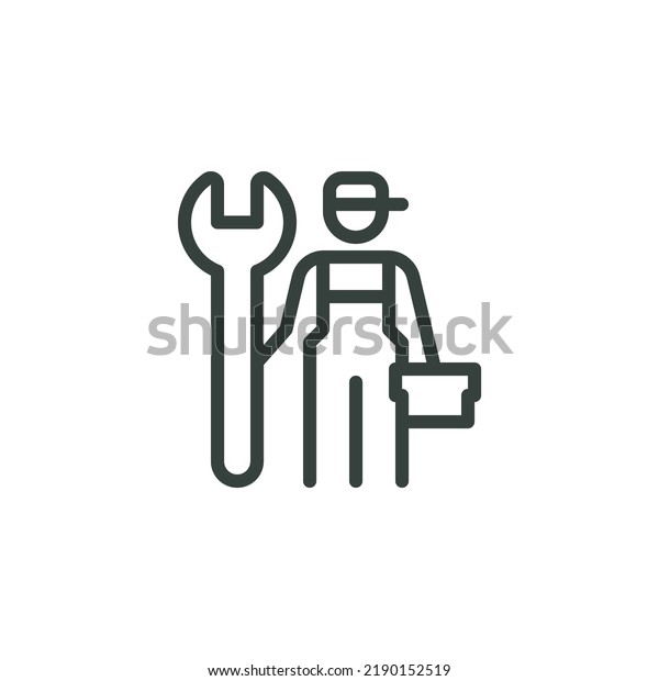 Outline Icon Man in Overalls With a Wrench and a\
Box of Tools. Such Line sign as Car Mechanic Services Plumber,\
Plumbing Work. Vector Isolated Pictograms for Web on White\
Background Editable\
Stroke.