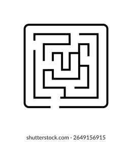 Outline icon of maze with flag symbolizing complex business strategy and goals. Editable stroke. Vector illustration.