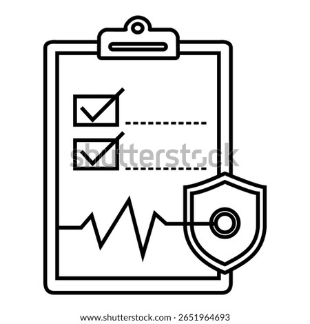 Outline icon of a medical checklist with checkmarks, ECG line, and a security shield symbol, representing health monitoring and data protection.