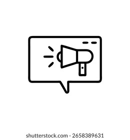 Ícone de estrutura de tópicos de um megafone dentro de um balão de fala em um anúncio de janela
