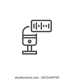 Ícone de contorno de um microfone com forma de onda. Ícone de vetor de linha que representa IA de voz, reconhecimento de fala e assistentes inteligentes. Ícone do símbolo técnico de áudio.