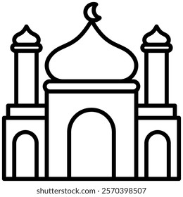 Outline icon of a mosque featuring a crescent moon, domed roof, and twin minarets. Perfect for use in Islamic, cultural, religious, and festive designs for Ramadan, Eid, or other celebrations.