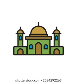 Outline icon of a mosque featuring a crescent moon, domed roof, and twin minarets. Perfect for use in Islamic, cultural, religious, and festive designs for Ramadan, Eid, or other celebrations.