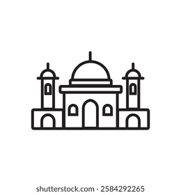 Outline icon of a mosque featuring a crescent moon, domed roof, and twin minarets. Perfect for use in Islamic, cultural, religious, and festive designs for Ramadan, Eid, or other celebrations.