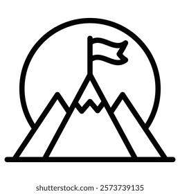 Outline icon of a mountain with a flag at the summit. Editable stroke.