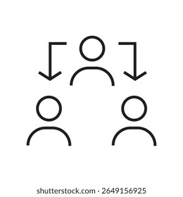 Outline icon of multiple people around a gear, representing teamwork and collaboration in a business setting. Editable stroke. Vector illustration.