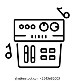 An outline icon of a music mixer with faders and knobs